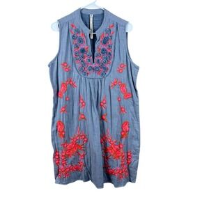 Uncle Frank Floral Embroidered Tunic Dress L Large Striped Boho EUC